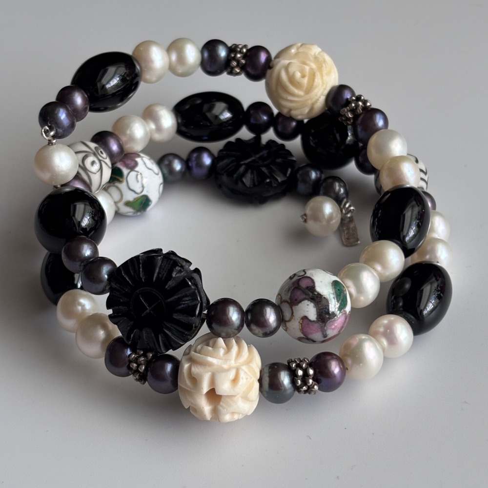 Vintage Beaded Wrap Bracelet Sterling Pearl Cloisonné Carved Flower BJ China